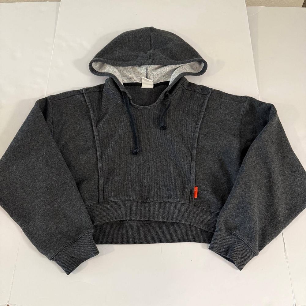 Nike Women Dark Grey Ribbed Cropped Hoodie Sweatshirt Small Athleisure